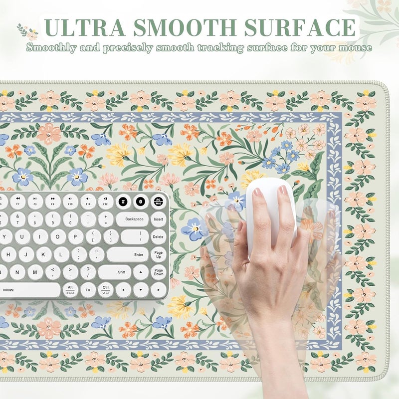iCasso Desk Matt for Desktop, Desk Pad Mat, Green Floral Computer Mat for Keyboard and Mouse, XXL Large Mouse Pad, Anti-Slip Big Mousepad with Stitched Edges (Green) - Image 3